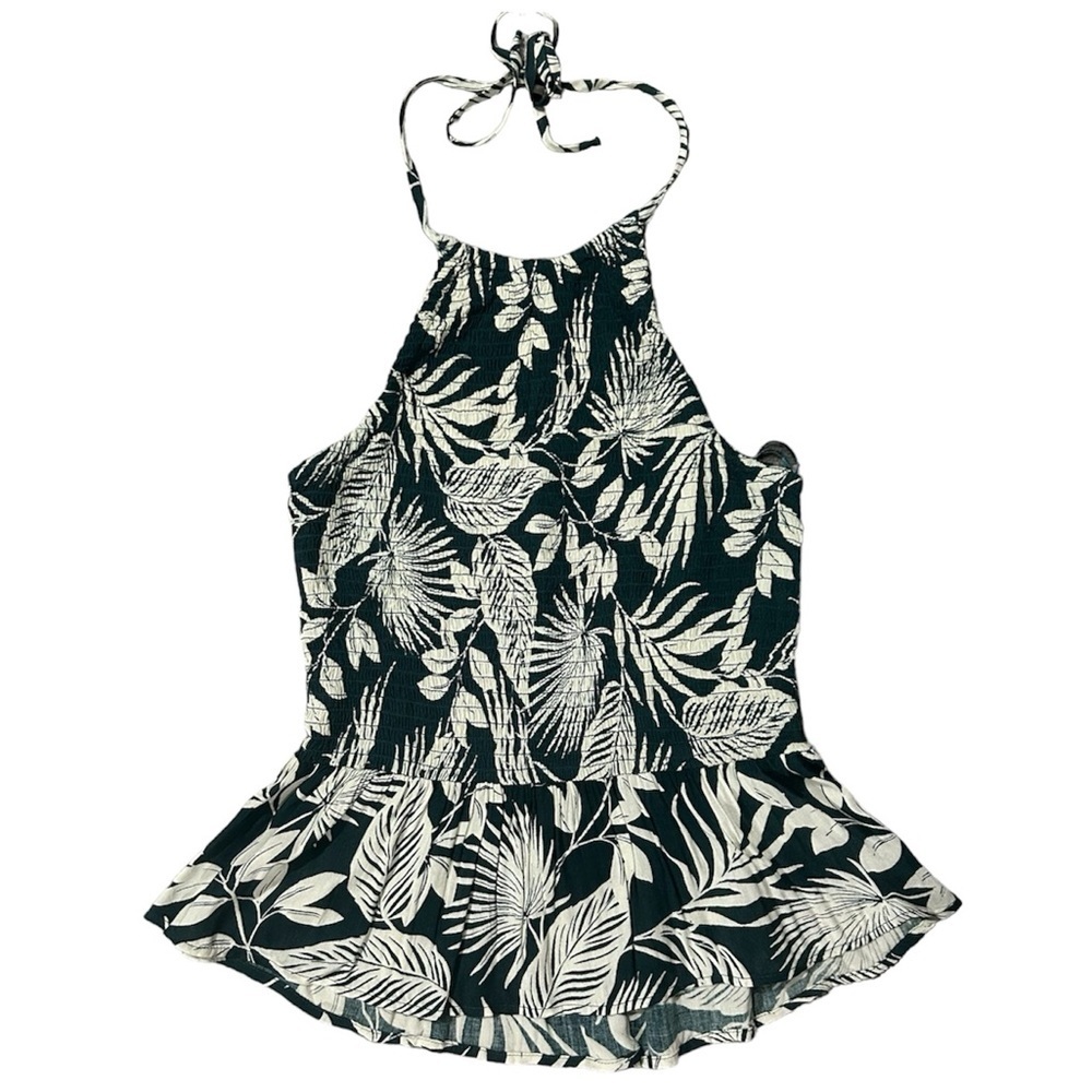Patrons of Peace Dark Teal Green Tropical Halter Smocked Peplum Top NWOT M